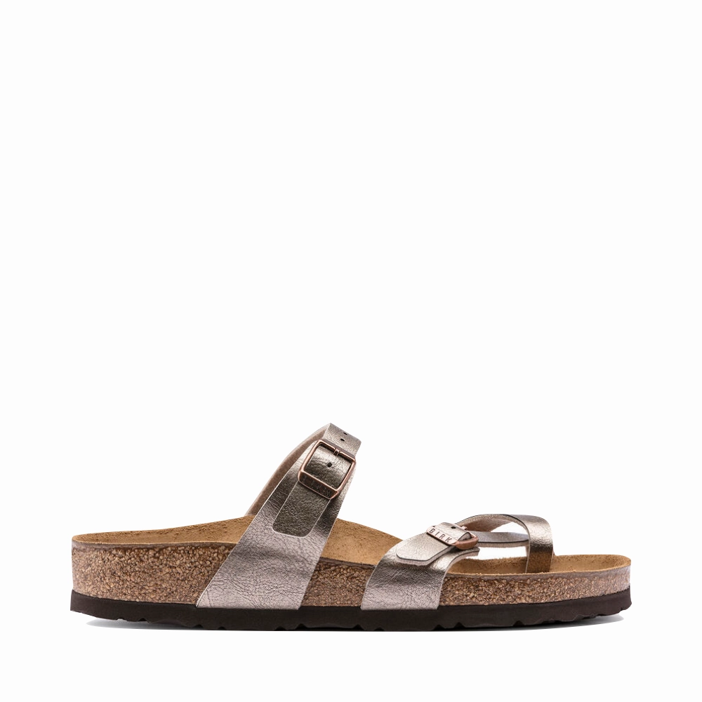 Shockproof Heel Comfort Technology Birkenstock Women's Mayari Birko-Flor Toe Loop Sandal in Graceful Taupe Metallic