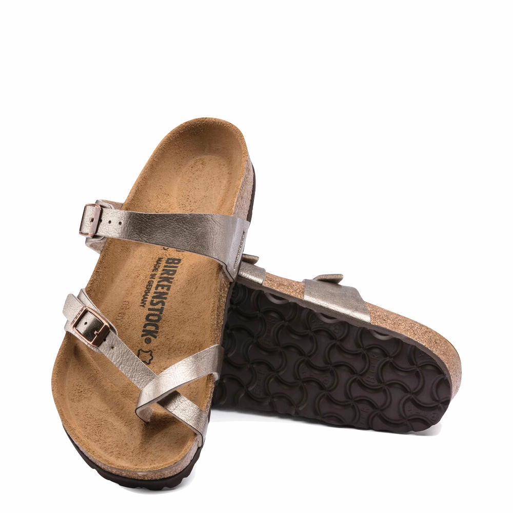 Sport Luxe Birkenstock Women's Mayari Birko-Flor Toe Loop Sandal in Graceful Taupe Metallic