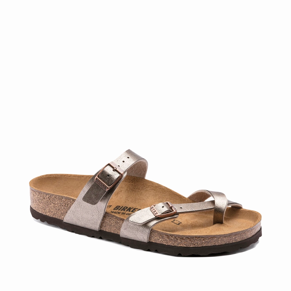 Birkenstock Women's Mayari Birko-Flor Toe Loop Sandal in Graceful Taupe Metallic Fit Freedom