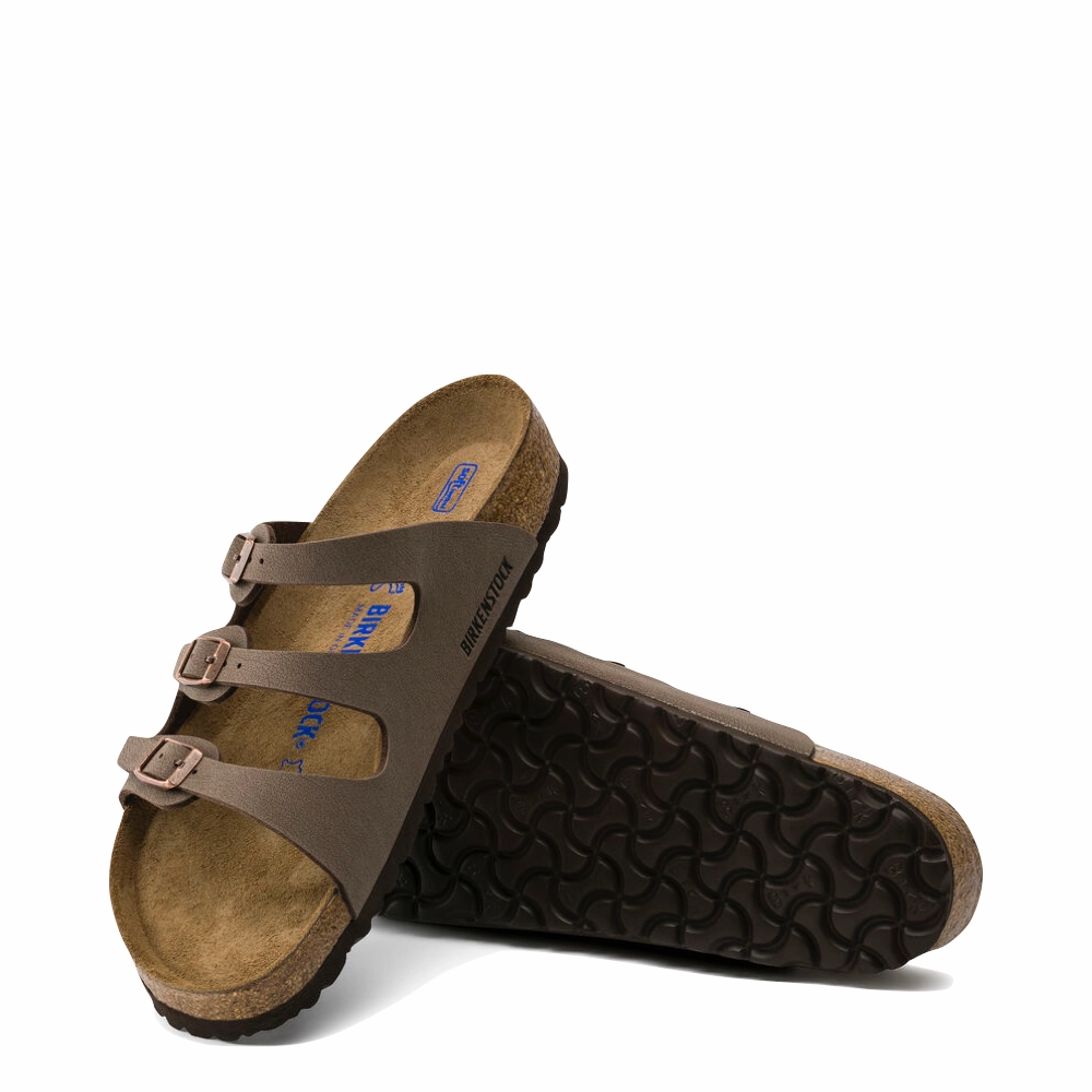 Planet Run Feather Soft Birkenstock Women's Florida Soft Footbed Birkibuc Sandal in Mocha