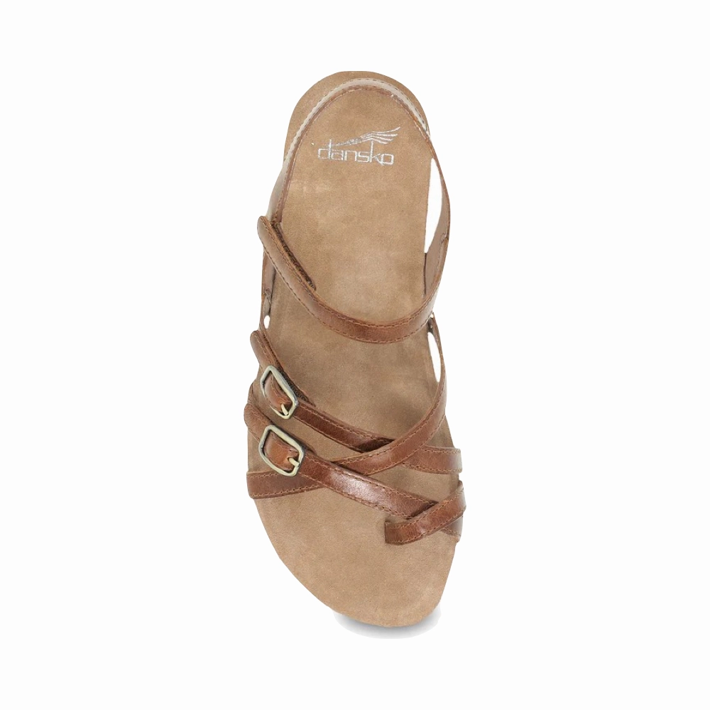 Dansko Women's Roslyn Strappy Leather Sandal in Tan Waxy Vine Step Relaxed Cushion