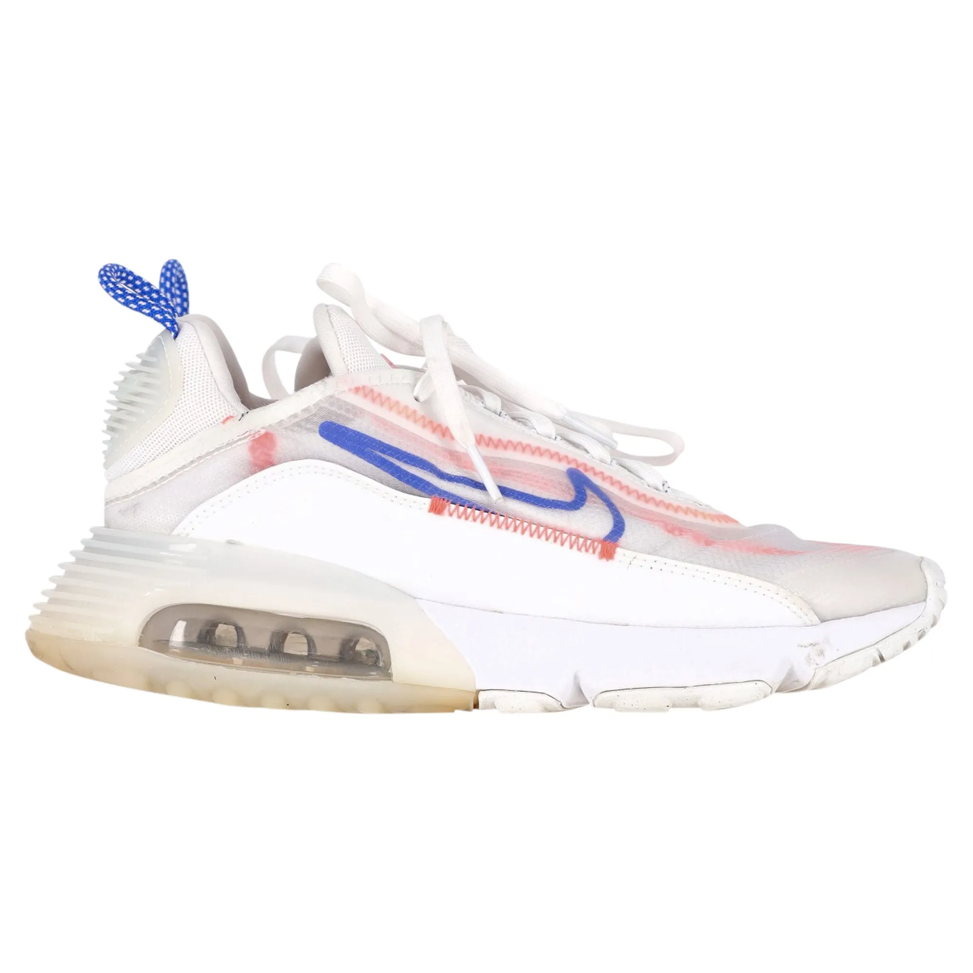 Nike Air Max 2090 White Flash Crimson Racer Blue in White Nylon Hybrid Cushioning Multi Directional Flex Grooves