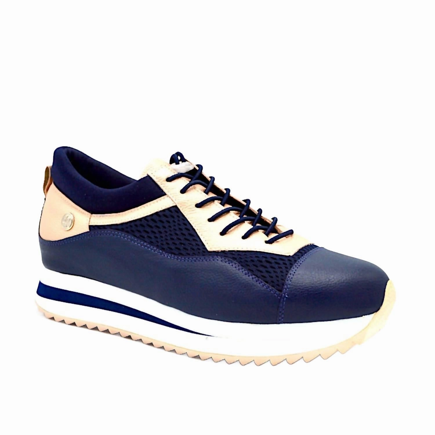 ventilation channels Reflective details Women's Verse Elevated Trainer Shoes In Navy Blue & Rosegold Leather/mesh