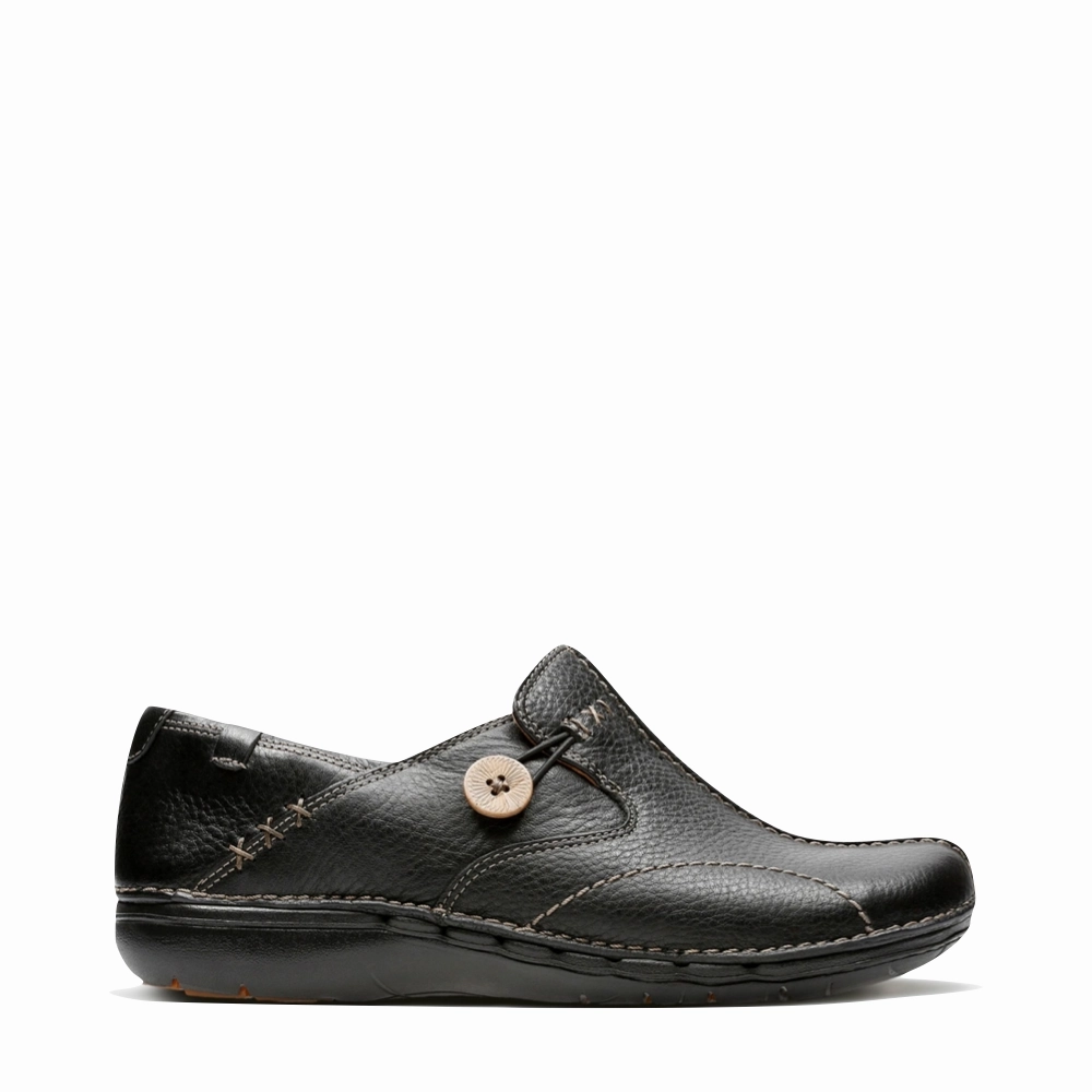 Clarks Women's Un.Loop Leather Slip On Shoes in Black Park Picnic Open Toe