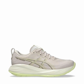 Asics Women's Gel-Cumulus 27 Sneaker in Mineral Beige/Huddle Yellow Valley Hike Sand Jog