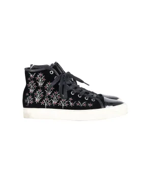 Mother Of Pearl Embroidered High Top Sneakers in Black Patent Leather and Suede Lightweight Material