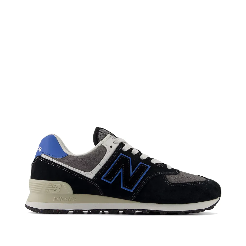 New Balance Men's 574 Sneaker in Black with Blue Agate Elastic Band Ventilated Mesh