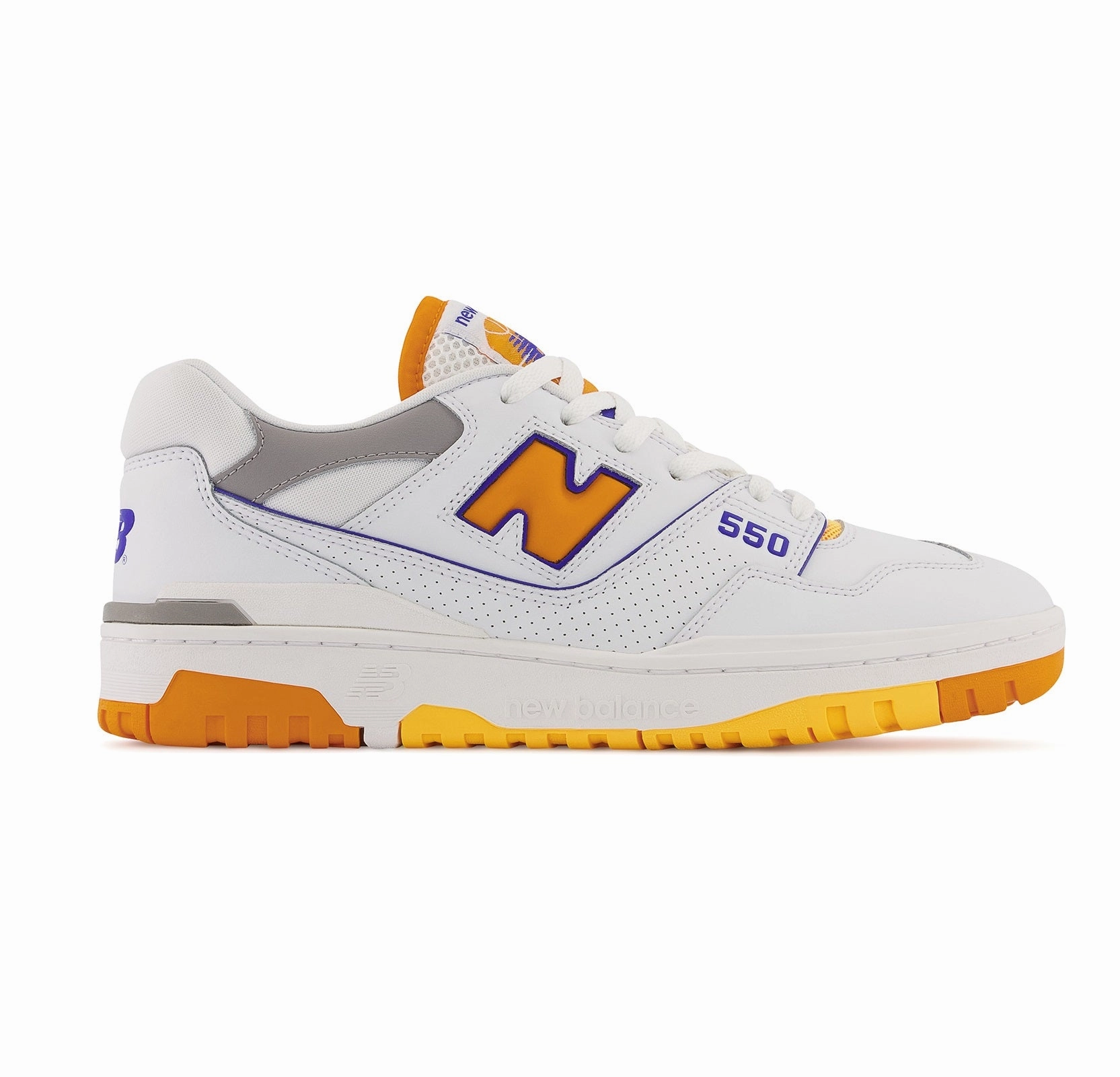 New Balance Men's 550 Lakers Shoes - White / Vibrant Orange / Purple Multi Layer Interior textured shoes