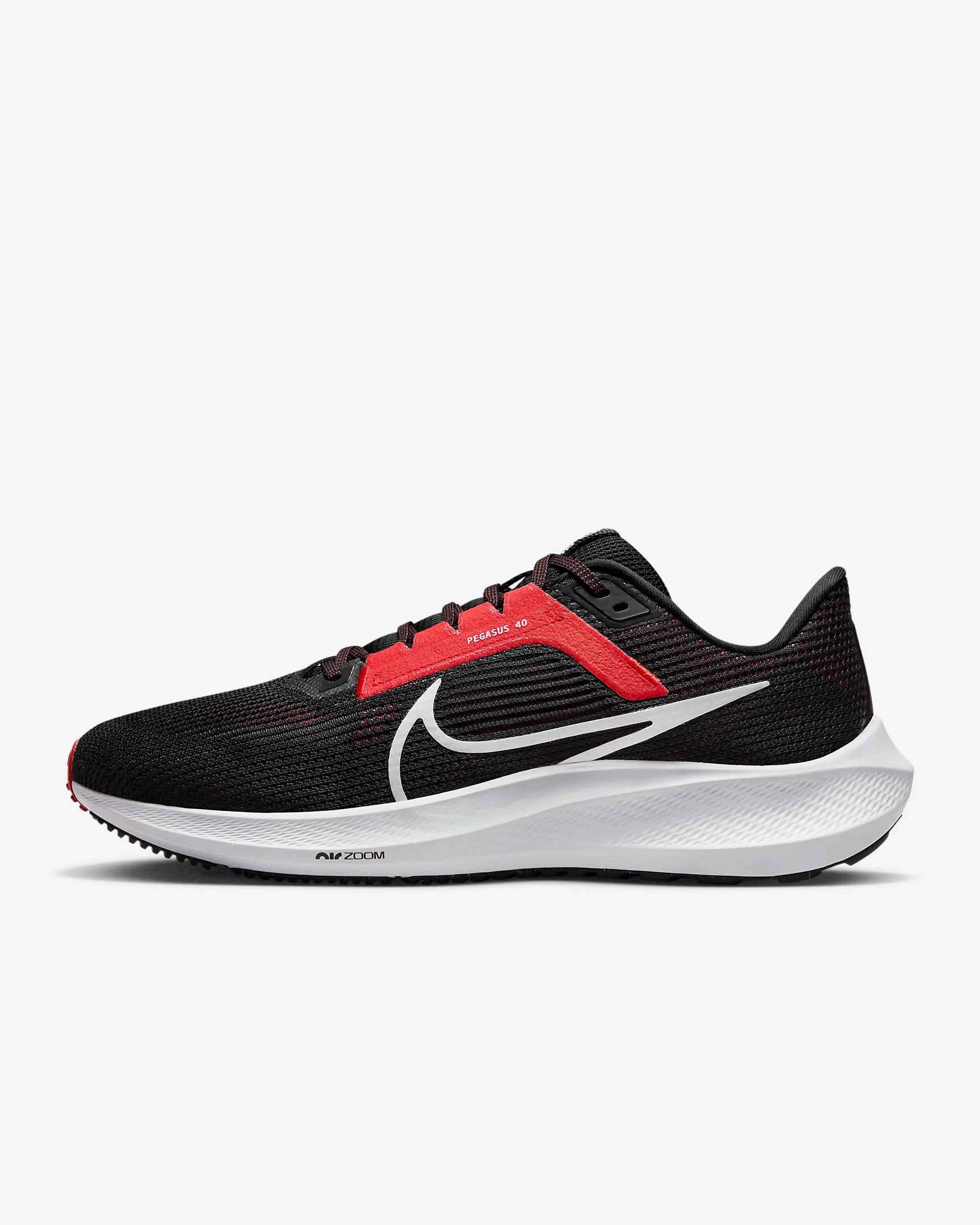 Nike Men's Pegasus 40 Shoes - Black / Light Crimson / White Sturdy Build 3D Knit Structure