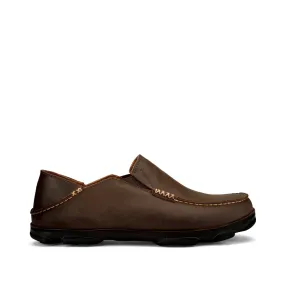 OluKai Men's Moloa Moc Leather Slip On Shoes in Dark Wood Brown Clean Stitch LeatherMaterial