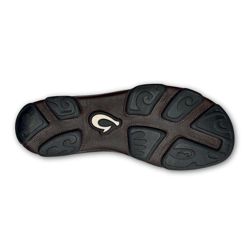 OluKai Men's Moloa Moc Leather Slip On Shoes in Dark Wood Brown Breathable Comfort Moisture control
