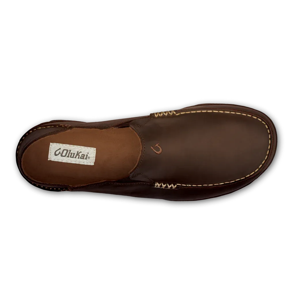 Soft Touch Ergonomic Footbed OluKai Men's Moloa Moc Leather Slip On Shoes in Dark Wood Brown