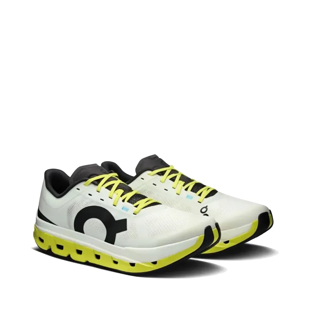 On Men's Cloudflow 5 Sneaker in White/Lime Abrasion Free Lacing Flex Step