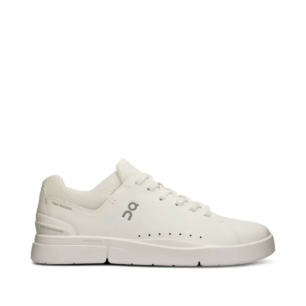 On Men's THE ROGER Advantage Sneaker in All White Foot Vent Cushioned Upper