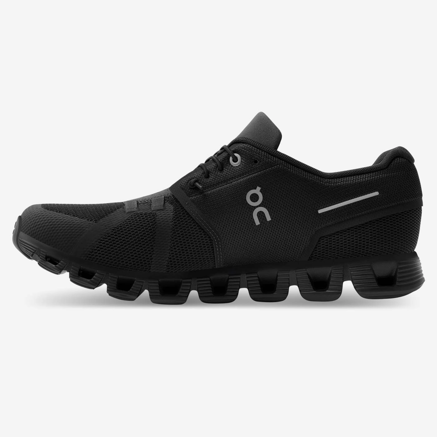 On Running Men's Cloud 5 Shoes - All Black Blown Rubber Compound Dual Density Collar