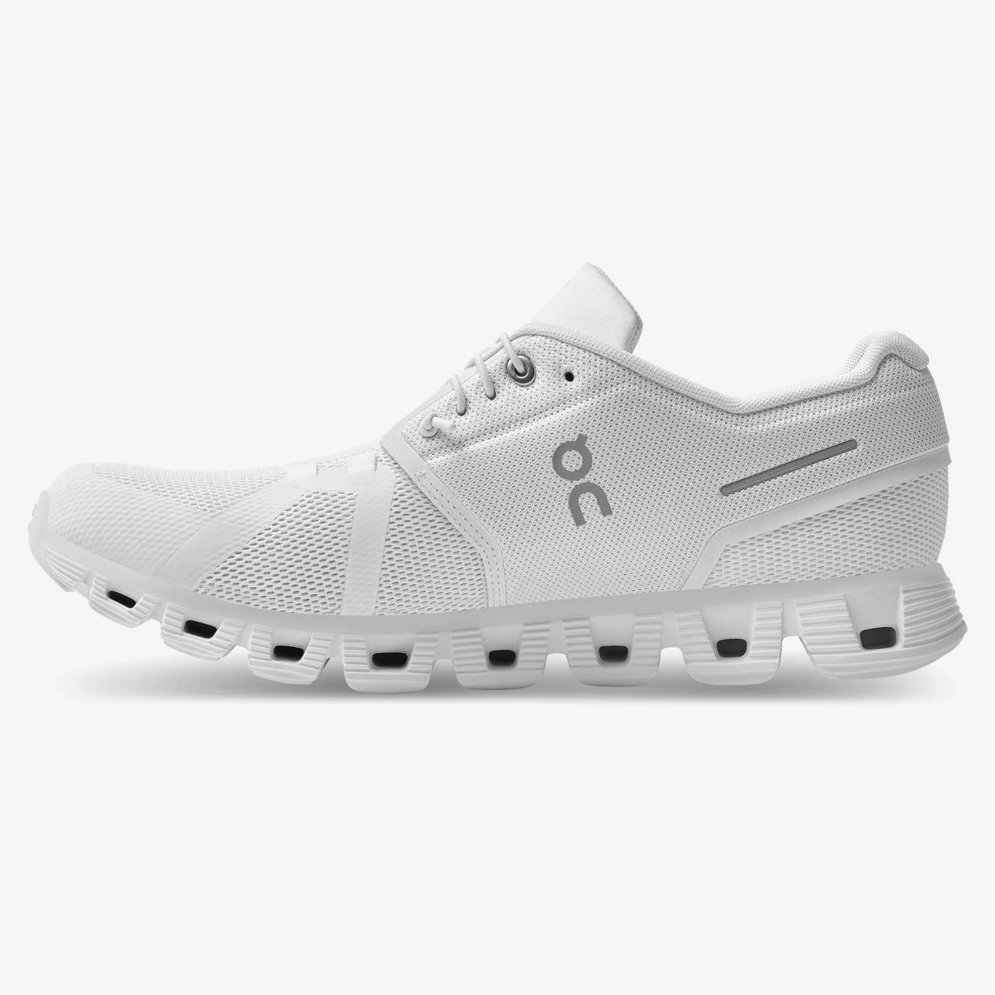 On Running Men's Cloud 5 Shoes - All White Aerodynamic Shape
