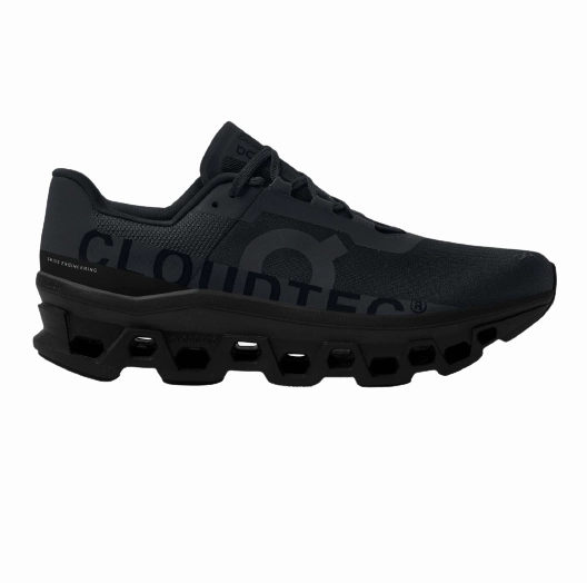 On Running Men's Cloudmonster Shoes - All Black running in a mountain range shoes roomy fit shoes