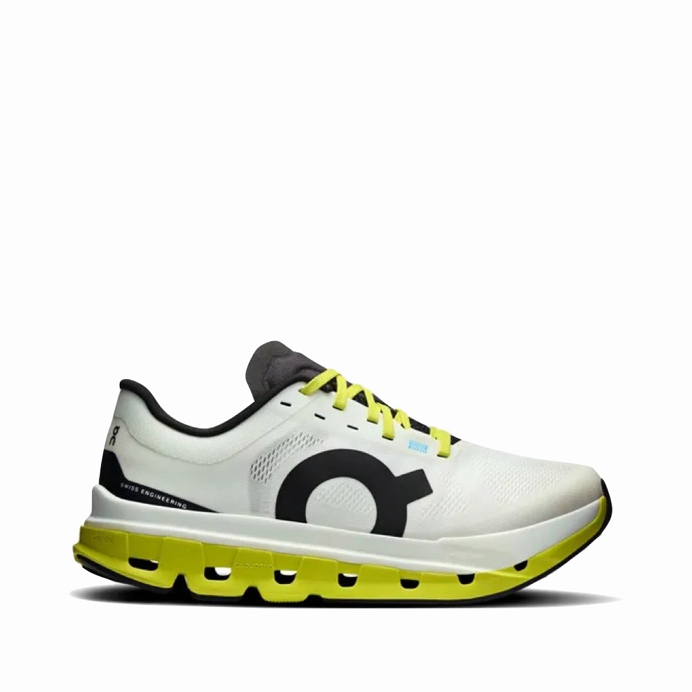 On Women's Cloudflow 5 Sneaker in White/Lime walking shoes Dry Steps