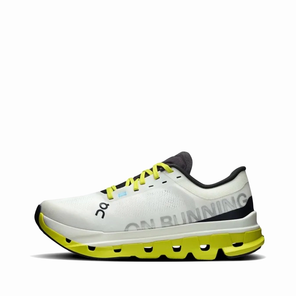 On Women's Cloudflow 5 Sneaker in White/Lime Youth Vibe Functional Fit