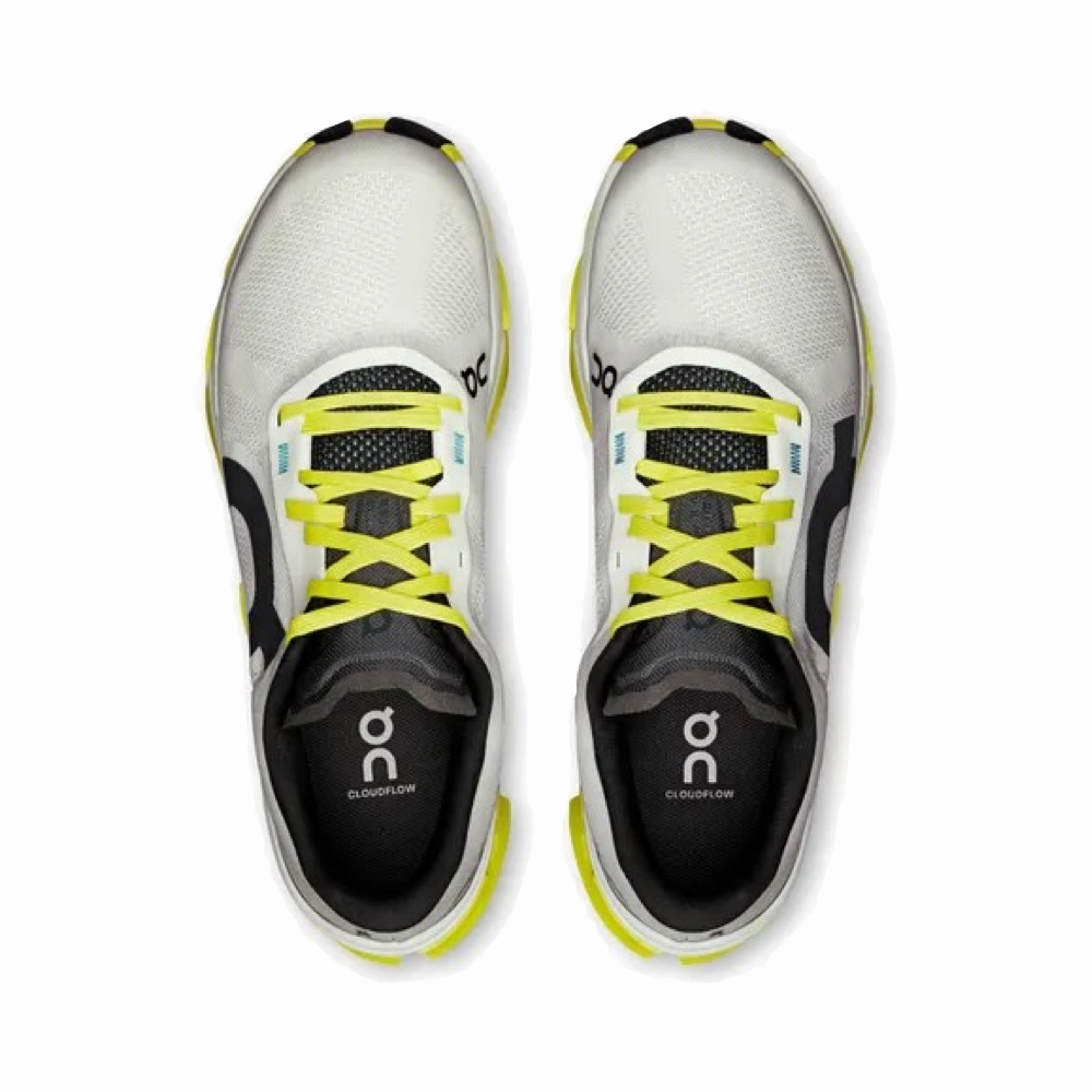 On Women's Cloudflow 5 Sneaker in White/Lime Street Mood Cushion Points