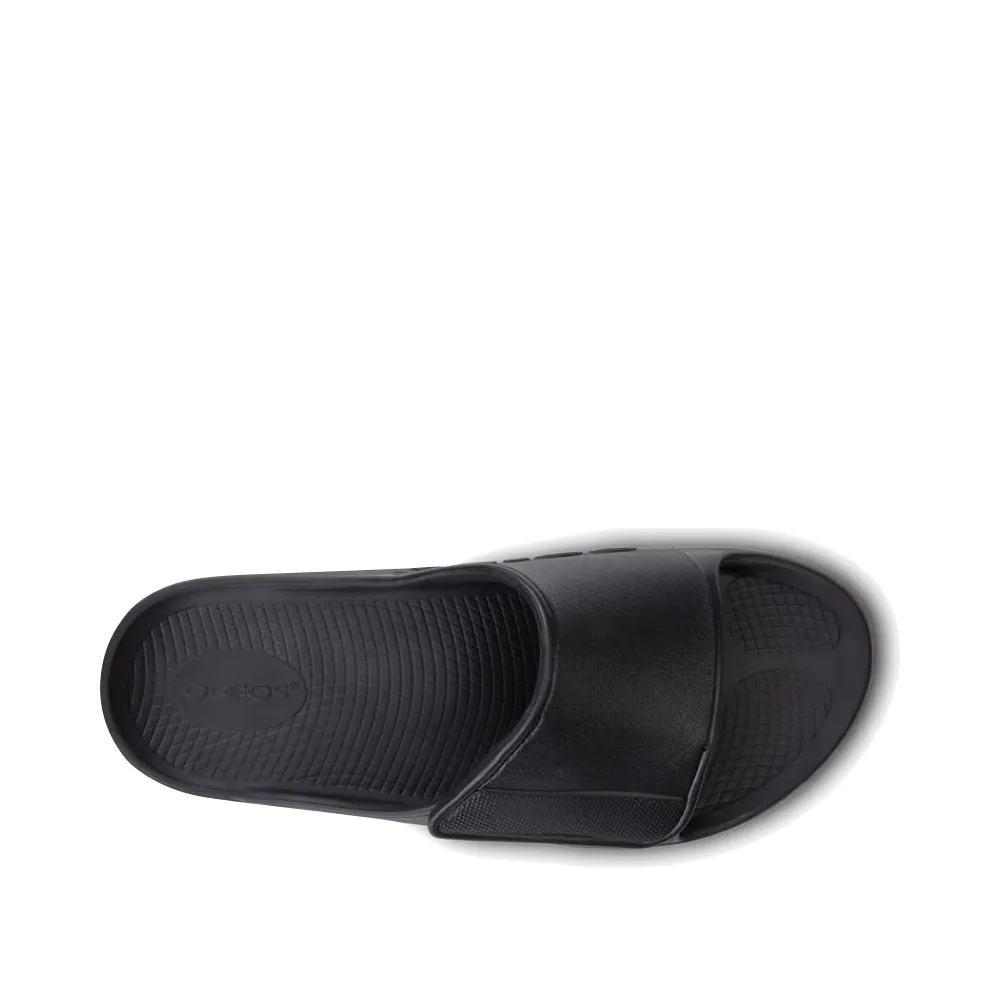 OOfos OOahh Sport Flex Adjustable Slide Sandal in Black Pull Tab Uni Life