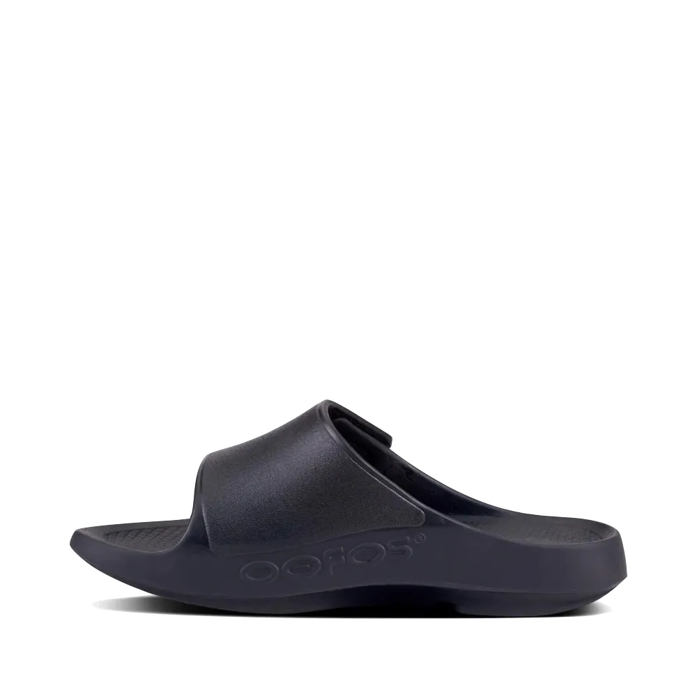Flexible Sole Design On The Run OOfos OOahh Sport Flex Adjustable Slide Sandal in Black