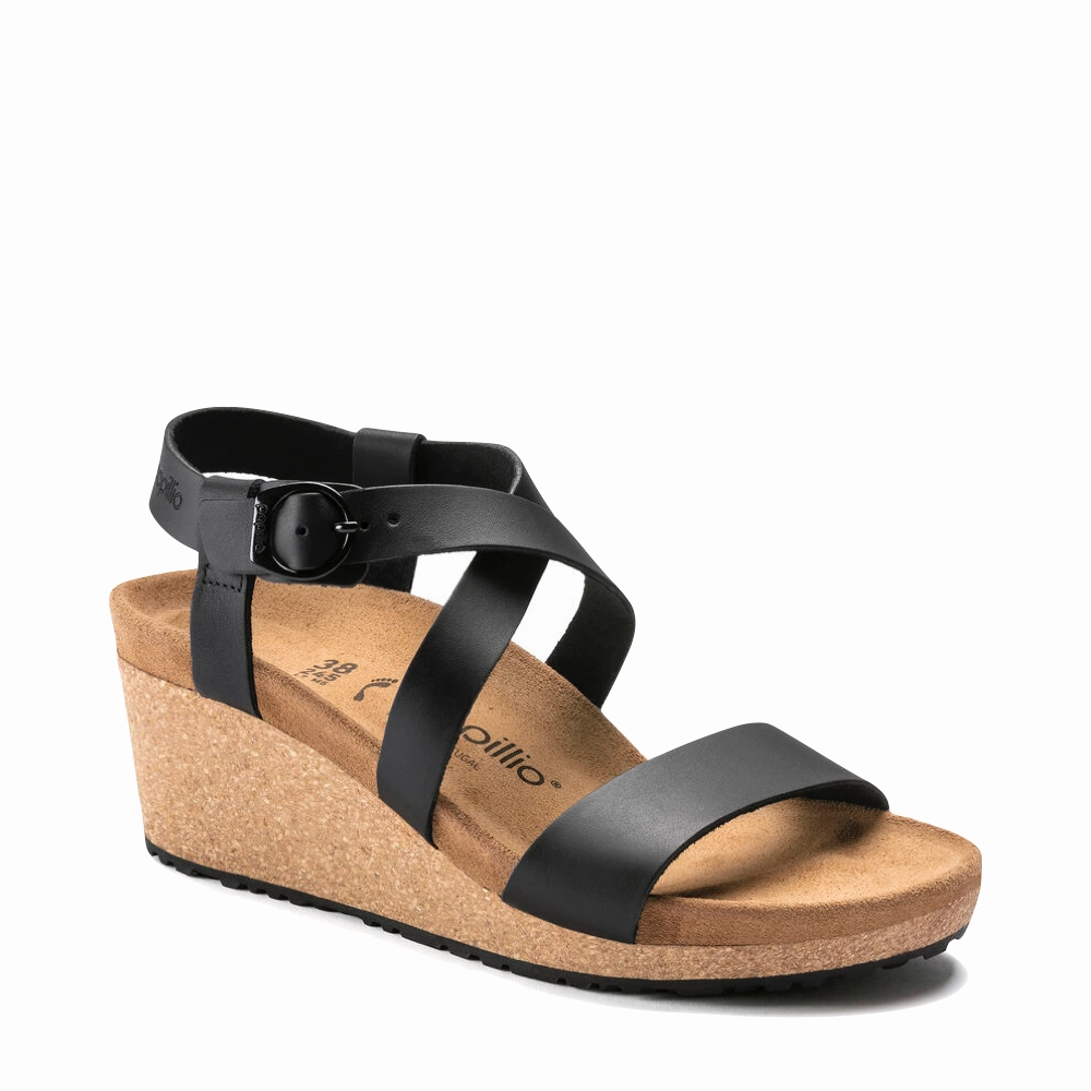 Slip Resistant Sole Birkenstock Women's Sibyl Smooth Leather Wedge Sandal in Black