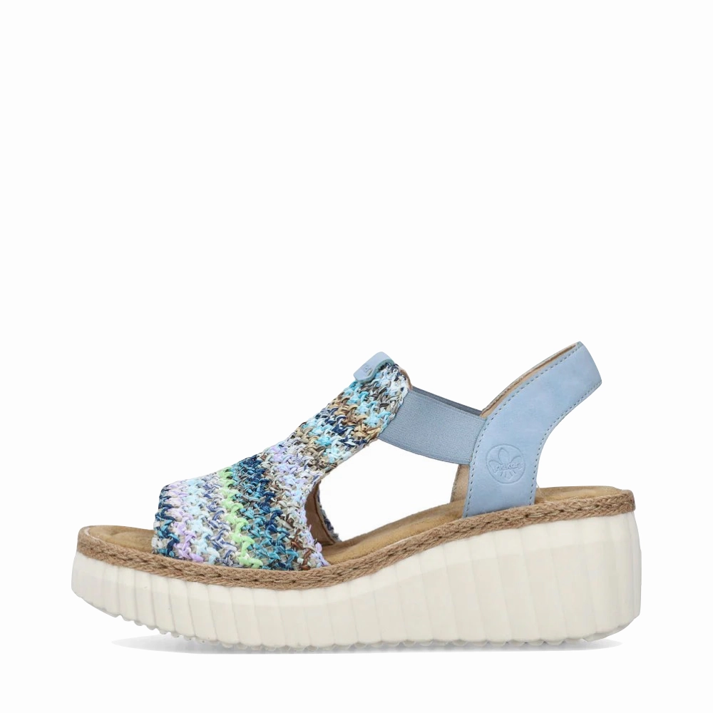 Rieker Women's Rose 72 Wedge Sandal in Blue Multi/Aqua Stylish Upper Breath Comfort
