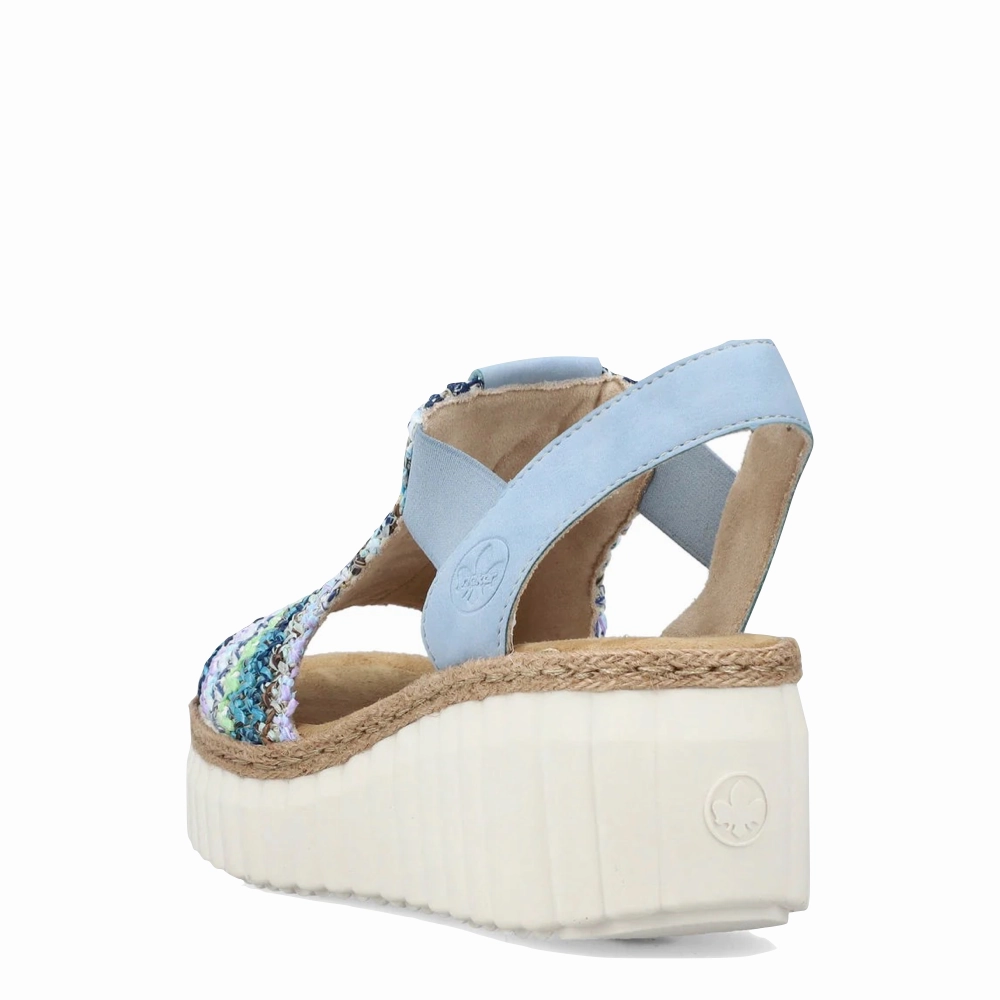 Shadow Look Step Ease Rieker Women's Rose 72 Wedge Sandal in Blue Multi/Aqua