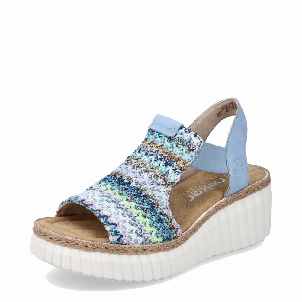 SmoothSurface Rieker Women's Rose 72 Wedge Sandal in Blue Multi/Aqua