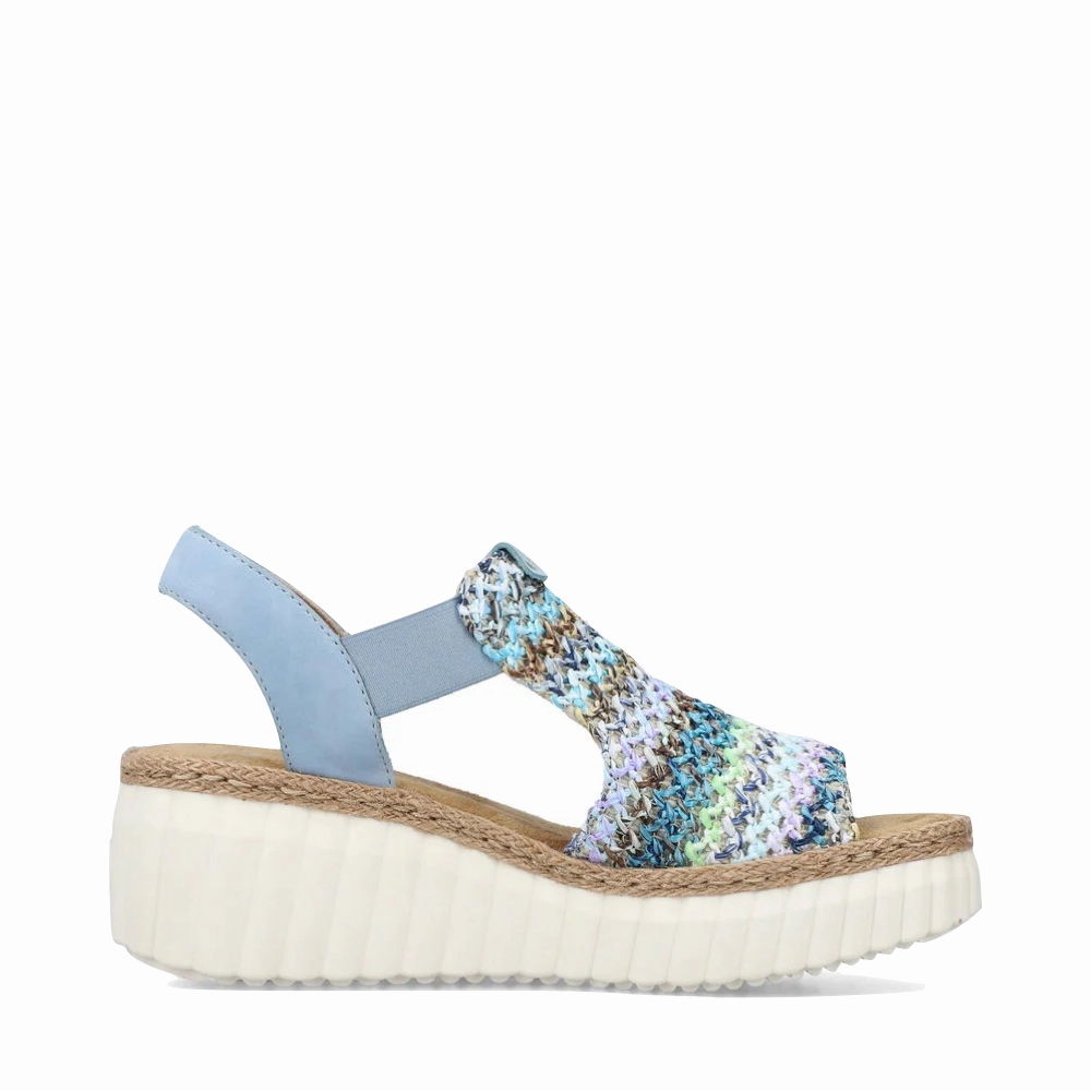 Casual Rieker Women's Rose 72 Wedge Sandal in Blue Multi/Aqua