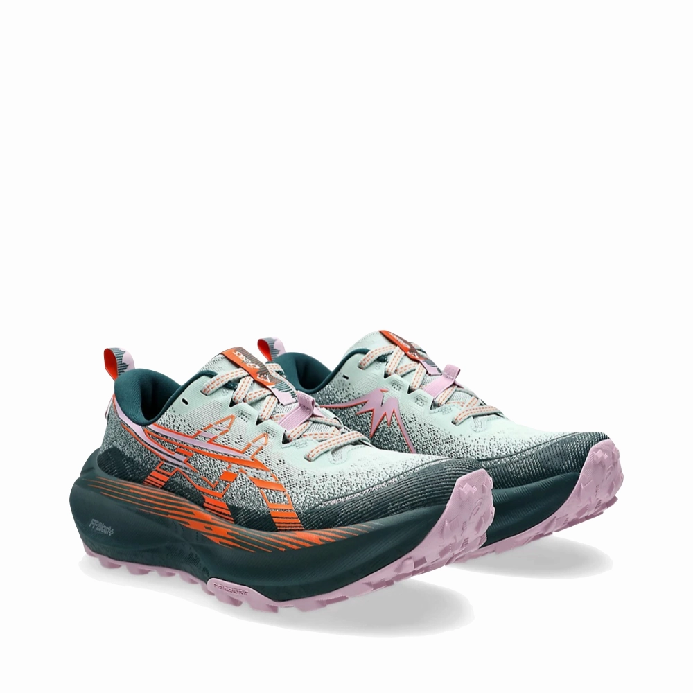 Asics Women's Trabuco 4 Sneaker in Cold Moss/Nova Orange Wood Path