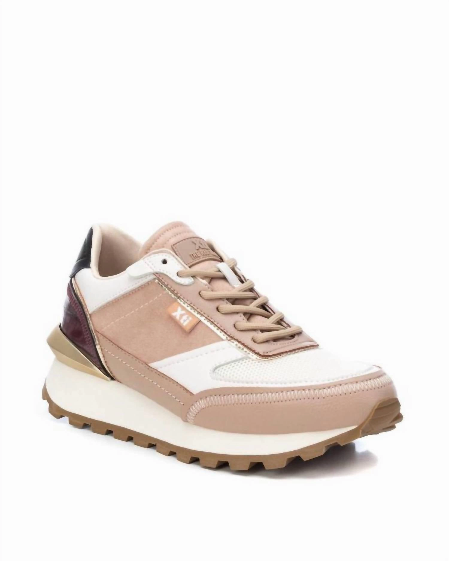 Women's Suede Lace-Up Sneakers In Beige Mesh Fabric Contoured Footbed
