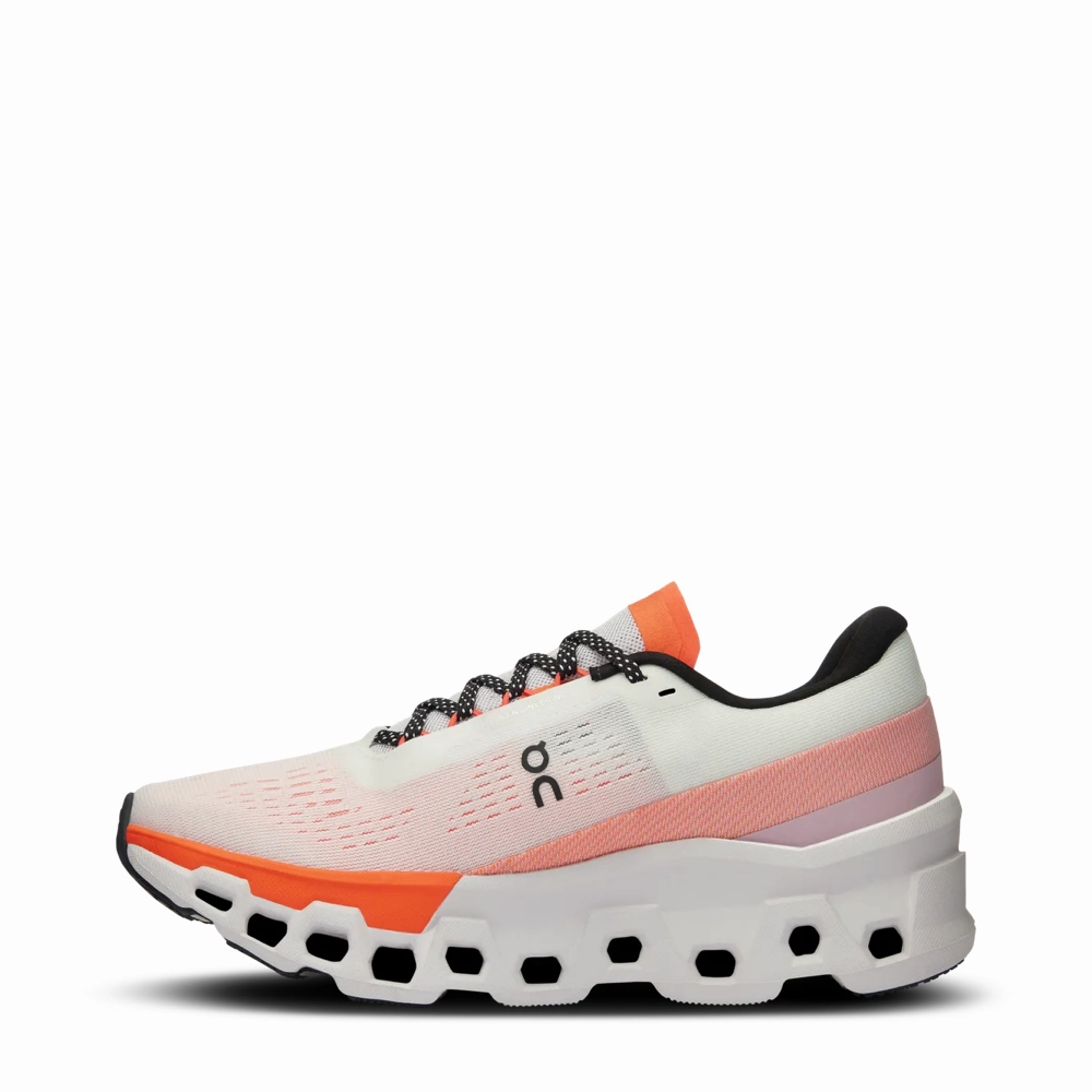 On Women's Cloudmonster 2 Sneaker in Undyed/Flame Pace Ready Sporty Detail