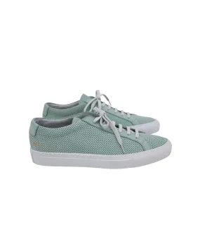 Common Projects Original Achilles Low Perforated Sneakers in Teal Calfskin Leather Neutral Colors Fast Transition