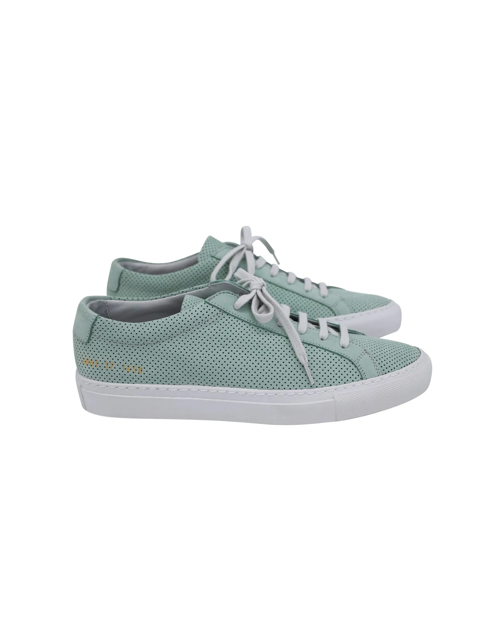 Common Projects Original Achilles Low Perforated Sneakers in Teal Calfskin Leather Neutral Colors Fast Transition