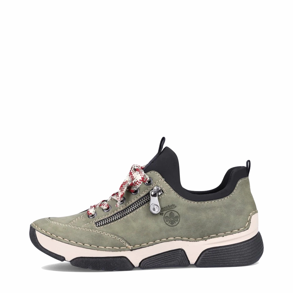 Rieker Women's Angela 73 Lace Slip On in Olive Minimalist Footbed Design