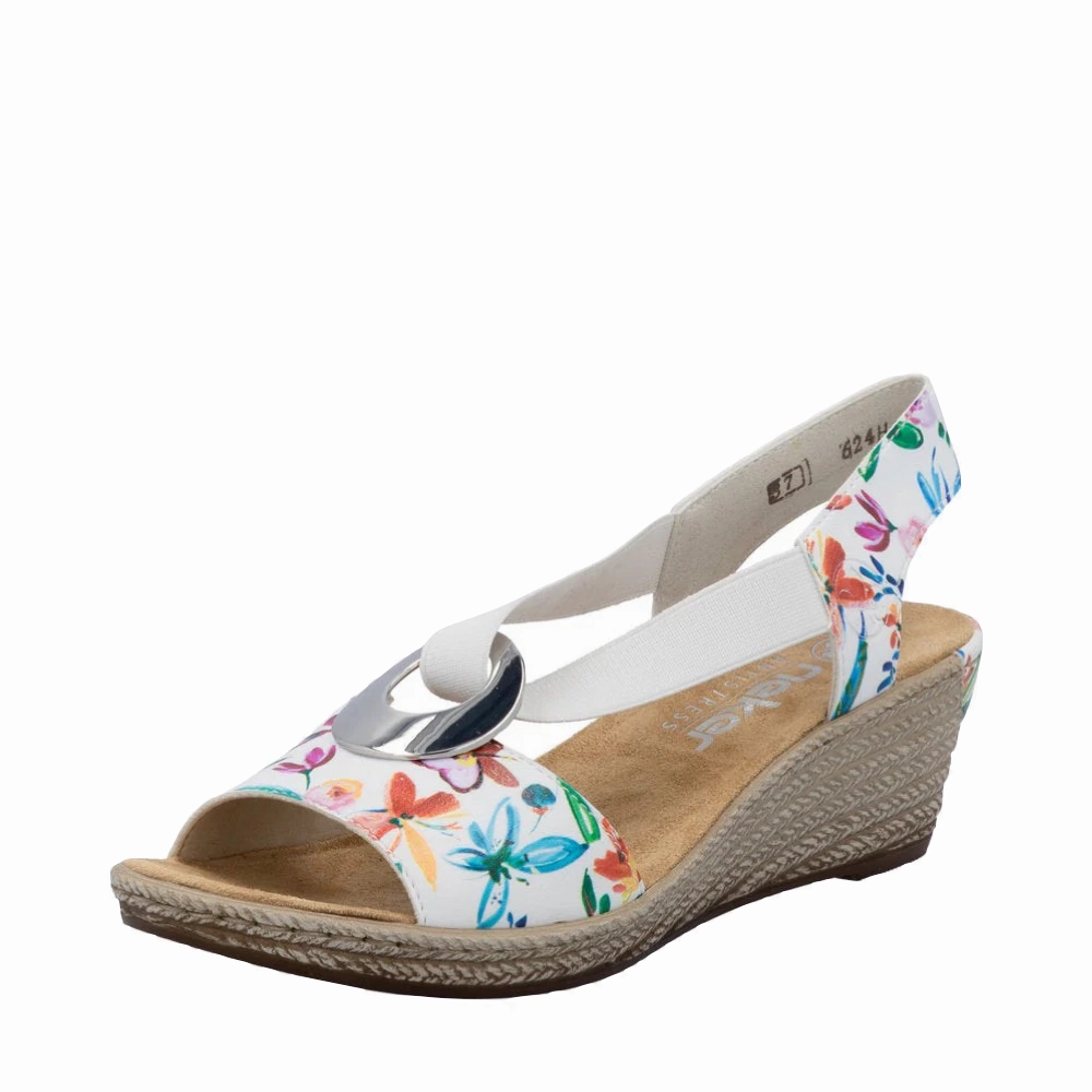 Step Stable Tea Run Rieker Women's Fanni H6 Wedge Sandal in White Multi Meadow
