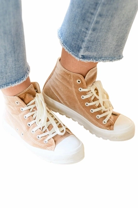 Woven Reinforcement Run Me Down Velvet High Tops In Tan