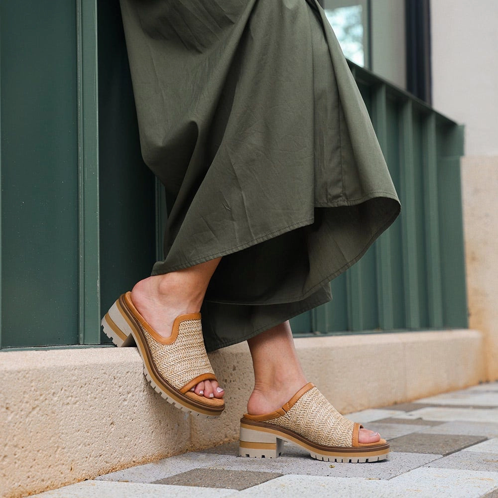 Handmade Craft Salvia Women's Harper X Heeled Slide Sandal in Raffia/Nutmeg
