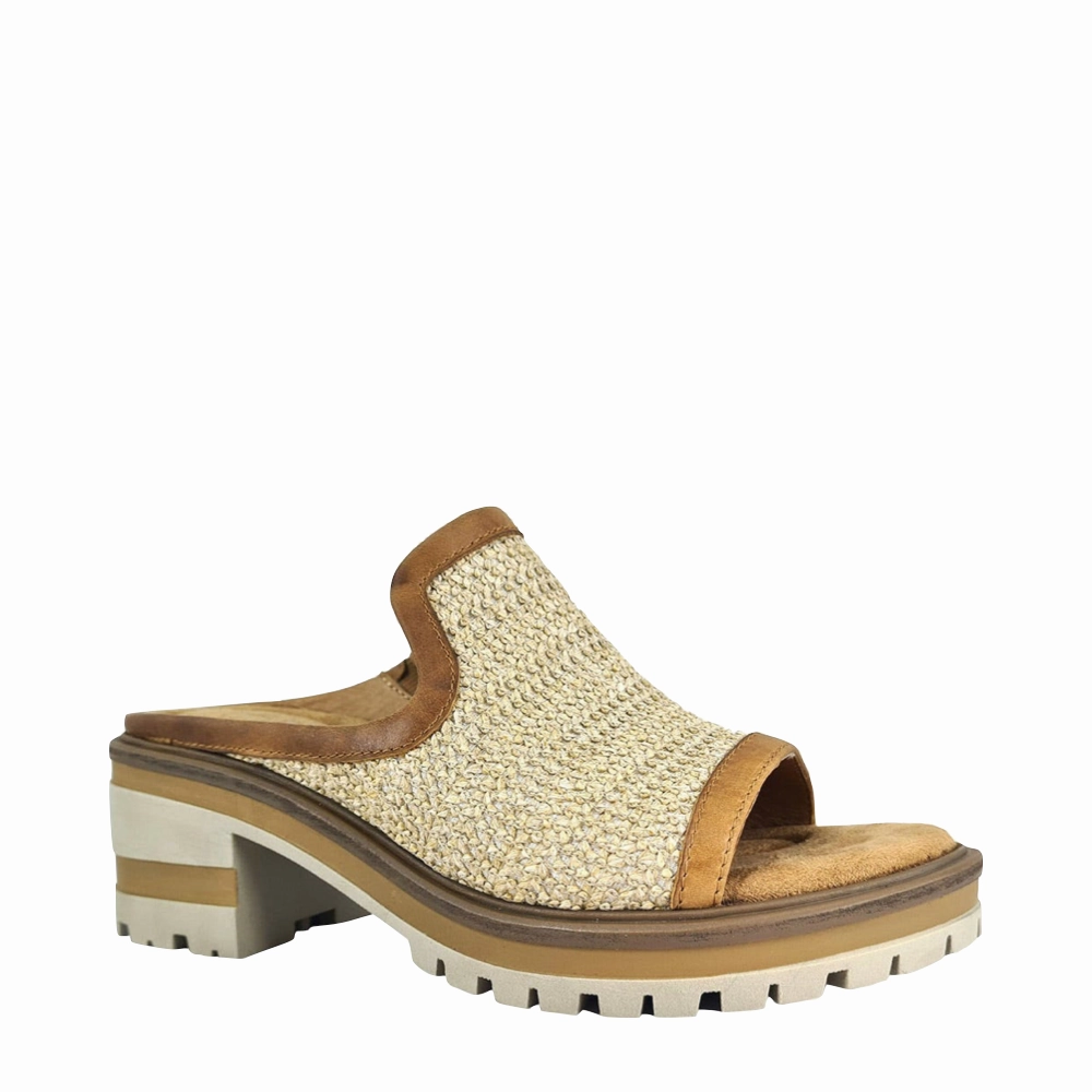 Salvia Women's Harper X Heeled Slide Sandal in Raffia/Nutmeg Move Around