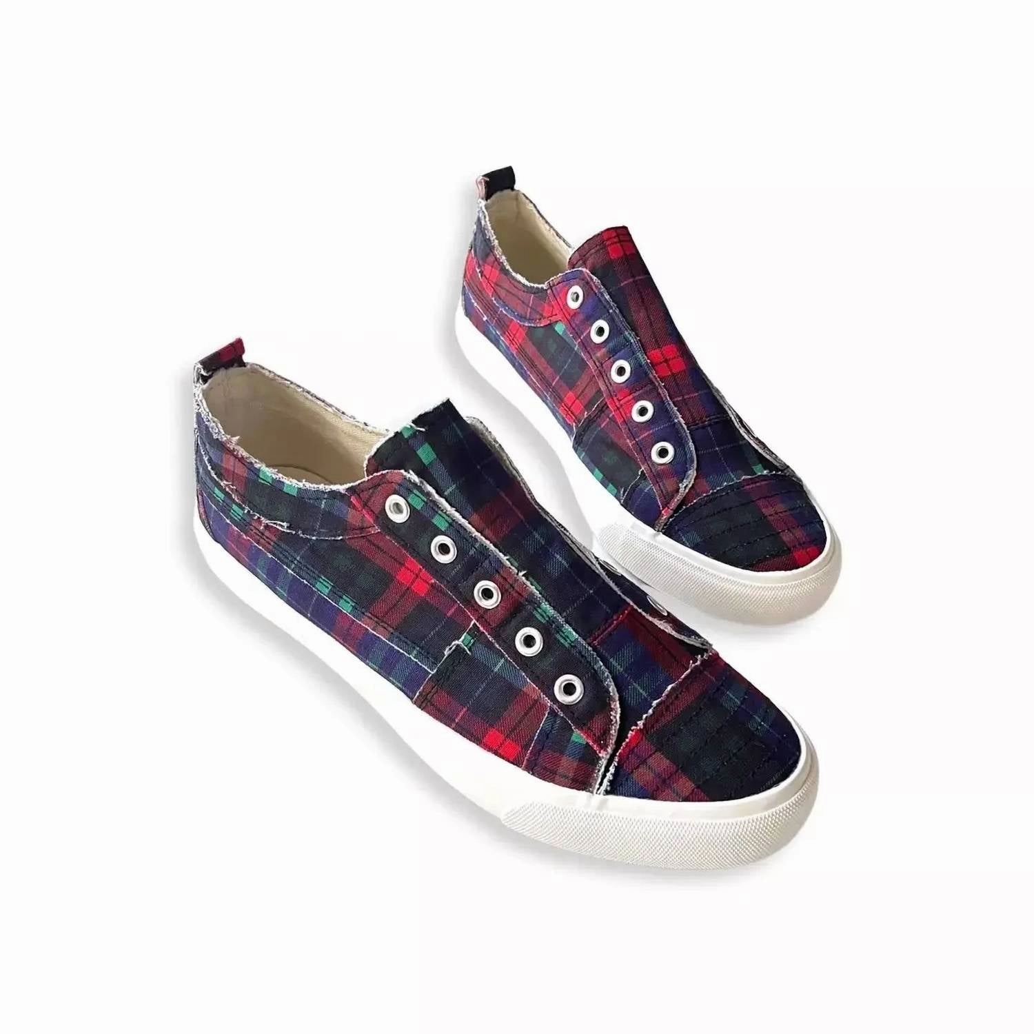 Women's Tartan Babalu Sneakers In Navy Plaid Flexible Torsion Bar ZipUpClosure