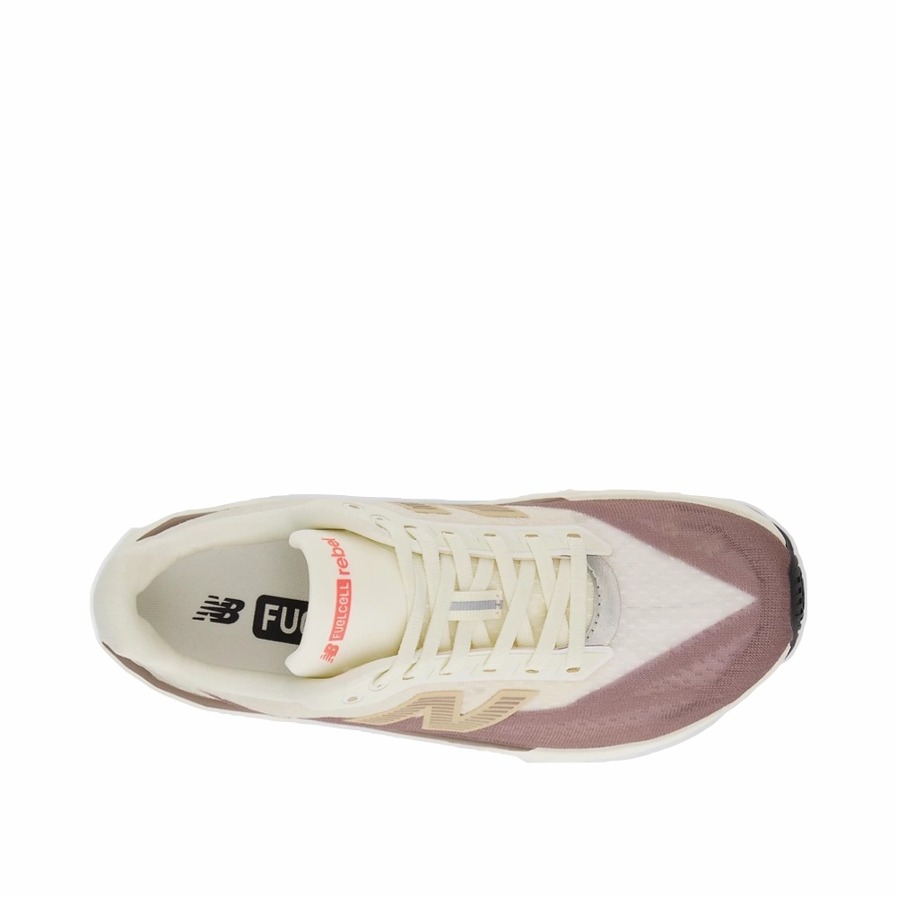 Arch Design Durable Build New Balance Women's FuelCell Rebel v5 Sneaker in Angora with Earth Shadow and Sea Salt