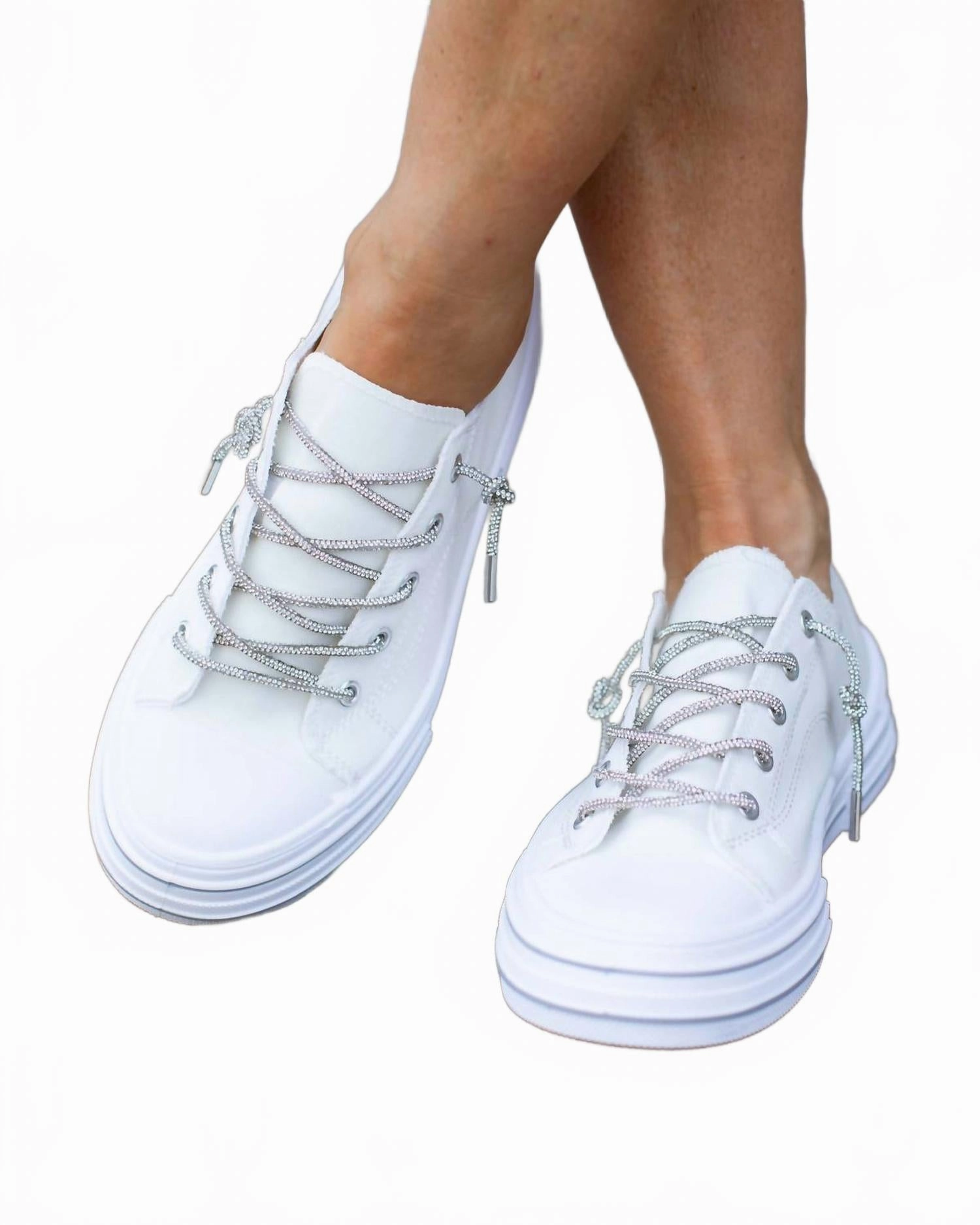 Non slip grip Women's Glitter Sneakers In White
