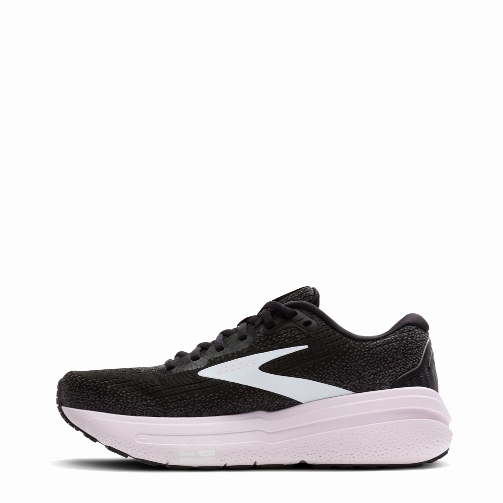 Brooks Women's Ghost Max 2 Sneaker in Black/White/Orchid Ice Adjustable lacing