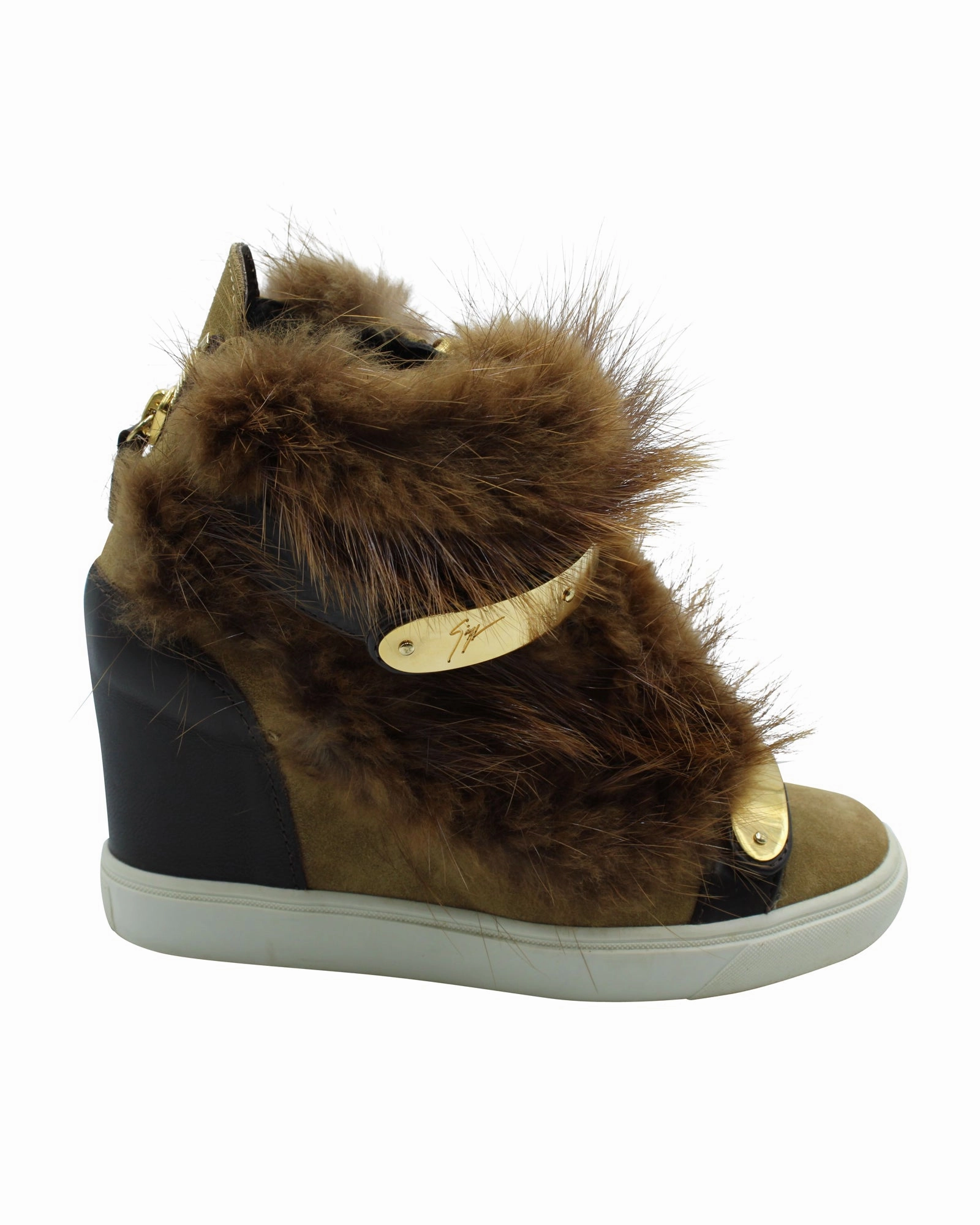 Giuseppe Zanotti Lorenz Fur High Top Wedge Sneakers in Brown Suede Articulated Flex Grooves Noise Reducing Sole