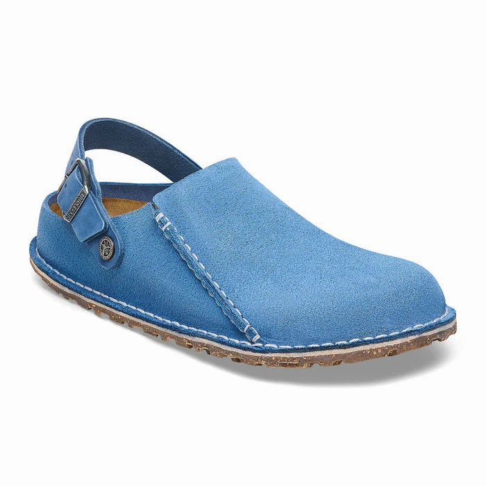Birkenstock Women's Lutry Premium Suede Leather Clog in Elemental Blue Easy   To   Clean