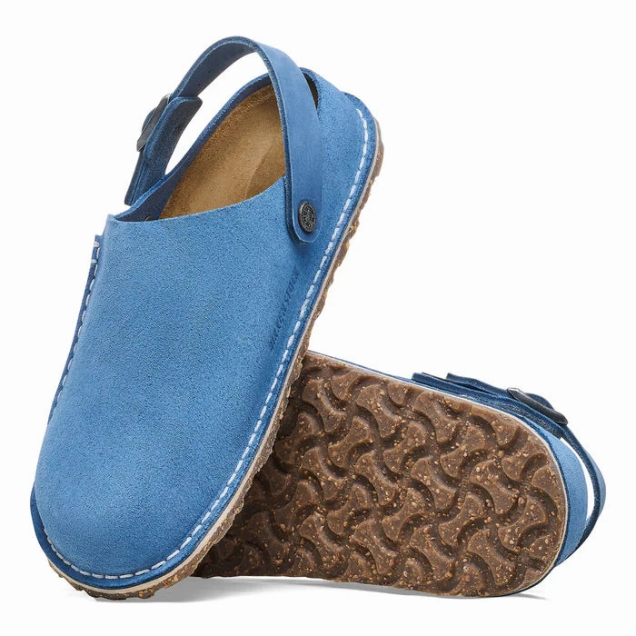 Birkenstock Women's Lutry Premium Suede Leather Clog in Elemental Blue Anti Microbial Treatment Bridge Path