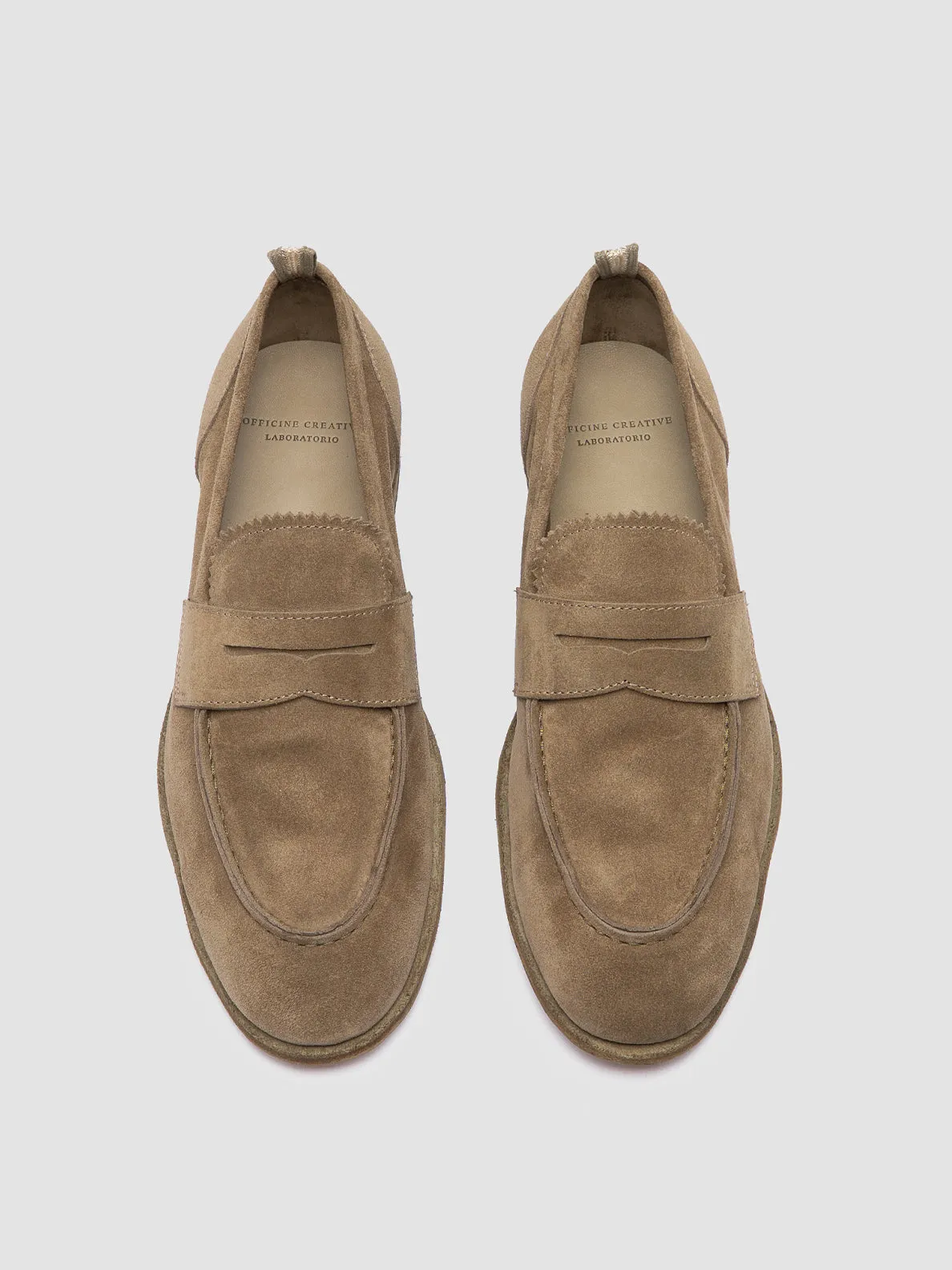 SOLITUDE 001 - Taupe Suede Penny Loafers Chic Detail Comfortable Leather Slip-ons