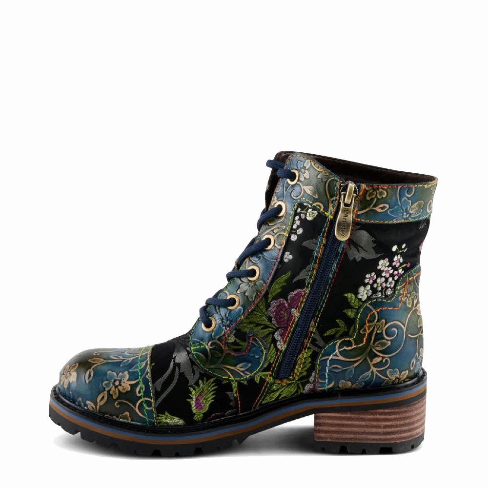 daily life Activity Fit Spring Step Women's Fantastic Leather Floral Print Boot in Blue Multi